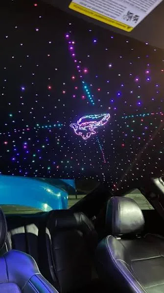 Fiber-optic night sky headliner glowing in a sedan interior