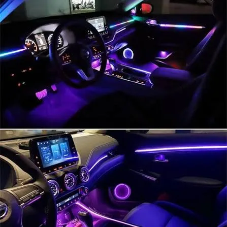 Full-cabin ambient lighting with color-changing LED strips across dash and doors