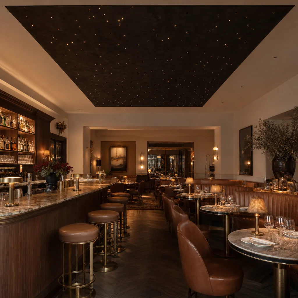 Commercial design visualization: a restaurant bar with a backlit back bar, leather stools and seating, and a recessed fiber-optic star ceiling overhead