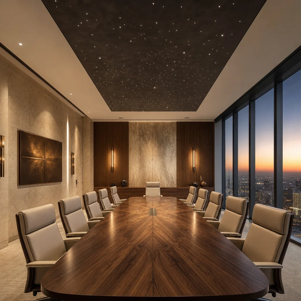 Commercial design visualization: an executive boardroom with a long walnut table, upholstered chairs, floor-to-ceiling windows at dusk and a recessed fiber-optic star ceiling framed by a warm cove