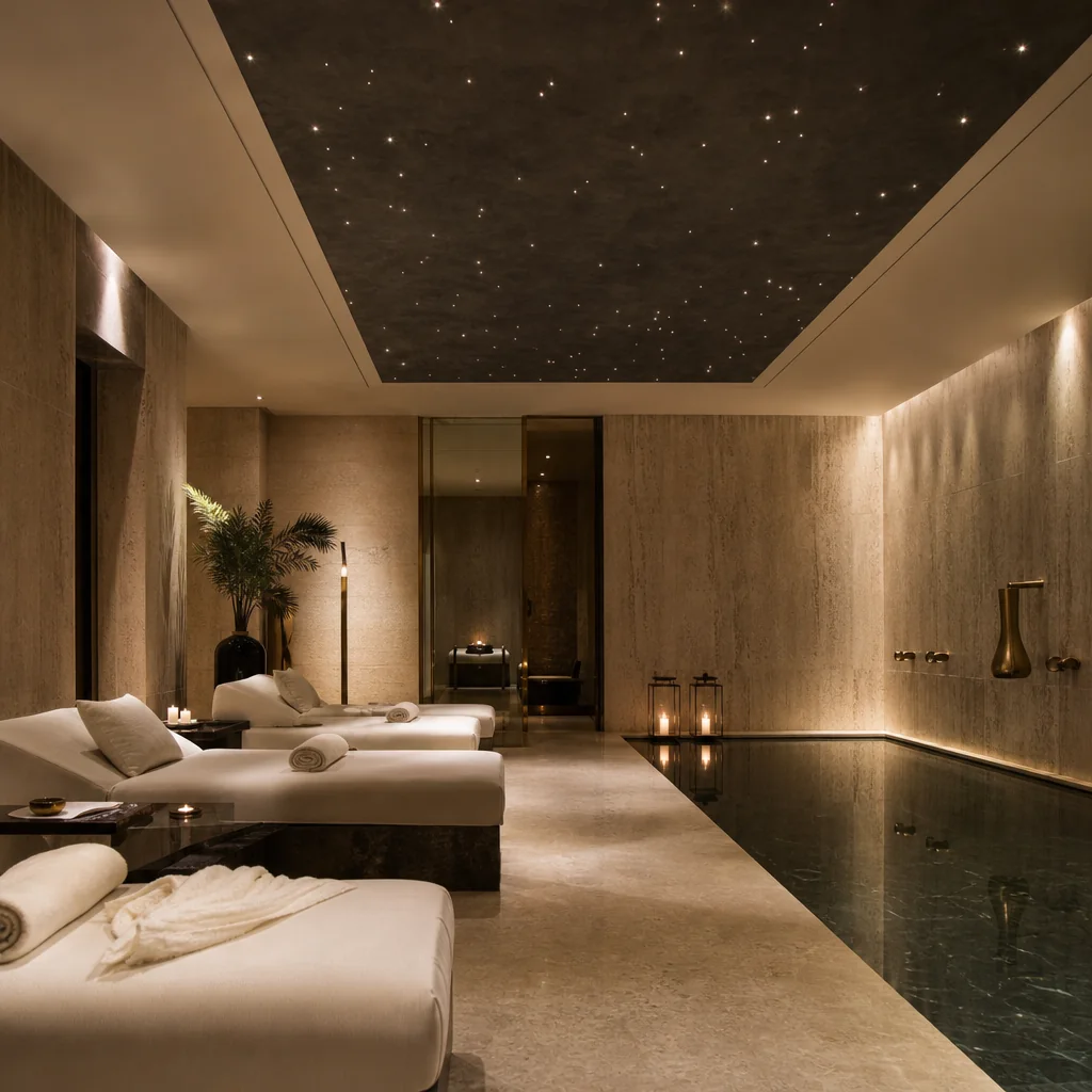 Commercial design visualization: a spa relaxation lounge with cream loungers beside a dark reflecting pool, stone walls and a recessed fiber-optic star ceiling
