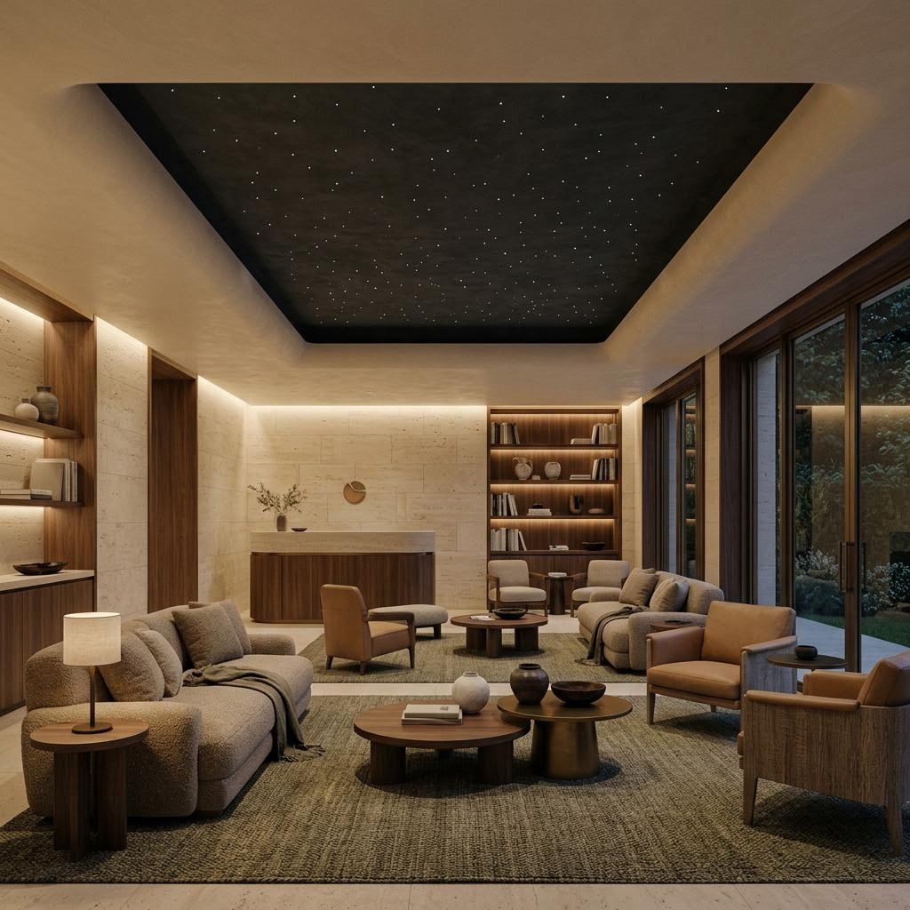 Commercial design visualization: a hotel lobby lounge with a recessed charcoal suede ceiling field of fine white star points framed by a plaster border