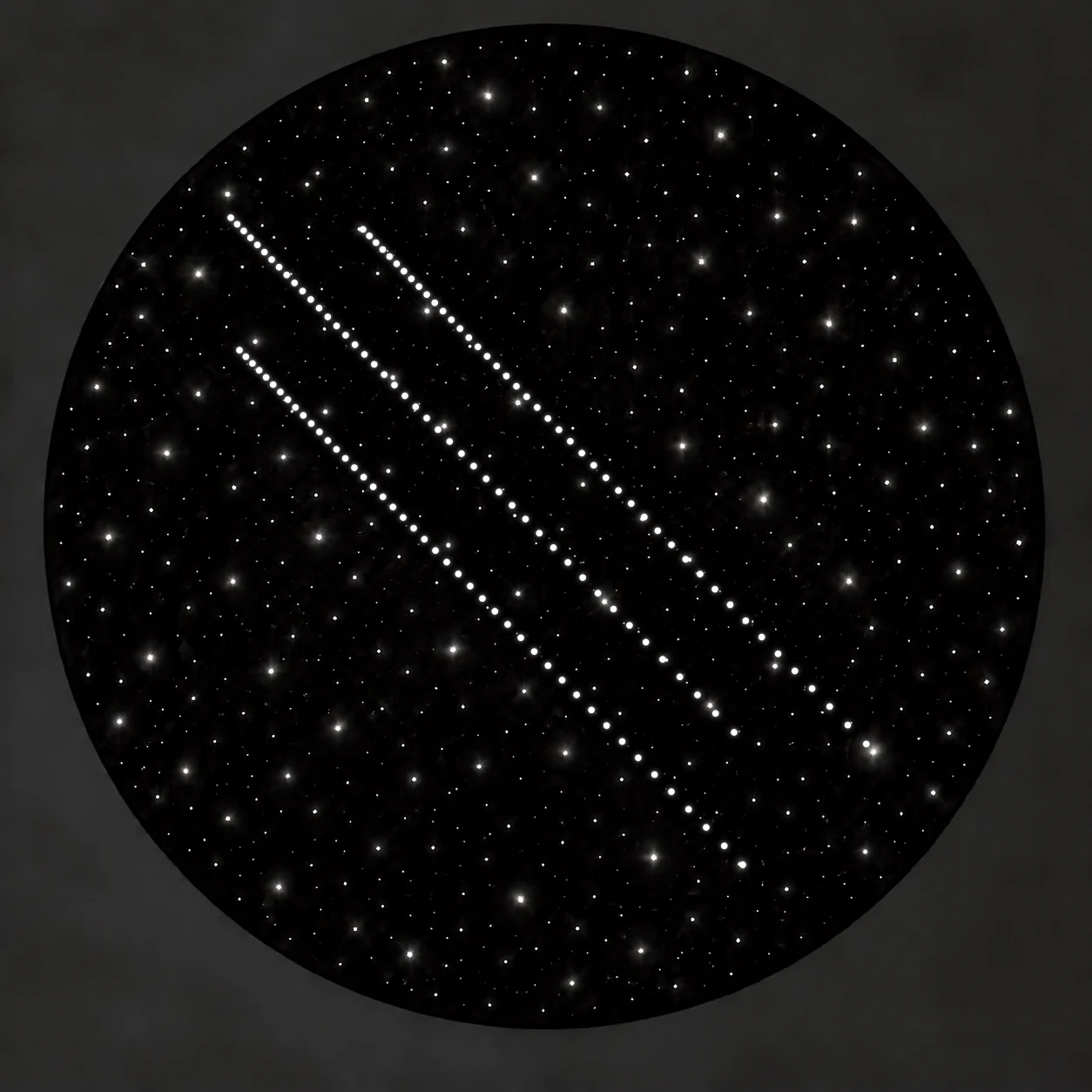 Custom 17-foot circular starlight ceiling design: a dense fiber-optic star field crossed by 3 diagonal shooting stars