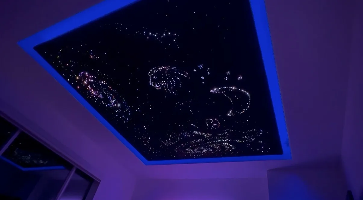 Angled view of a galaxy starlight ceiling with blue border
