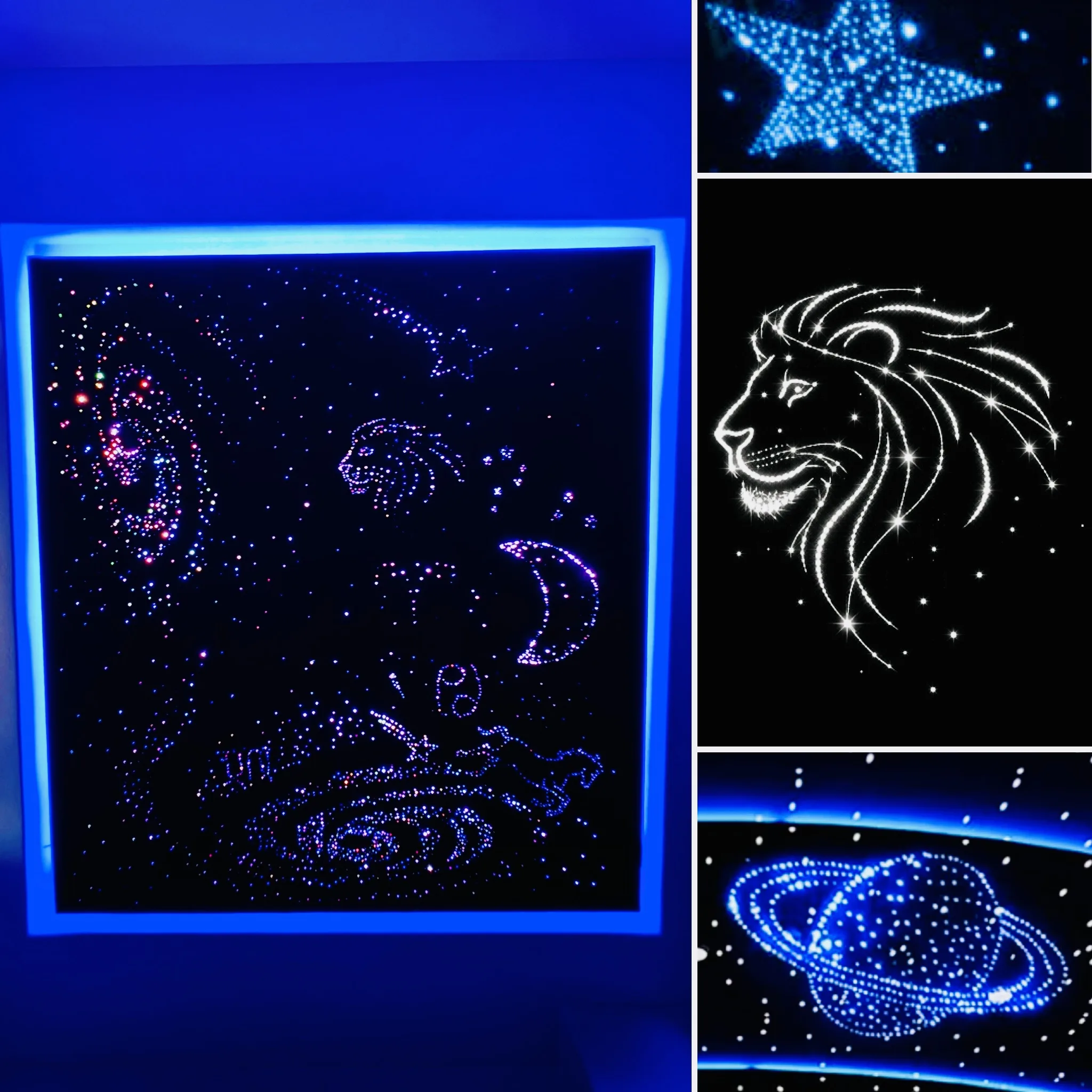 Collage of custom starlight designs — star, lion, and Saturn