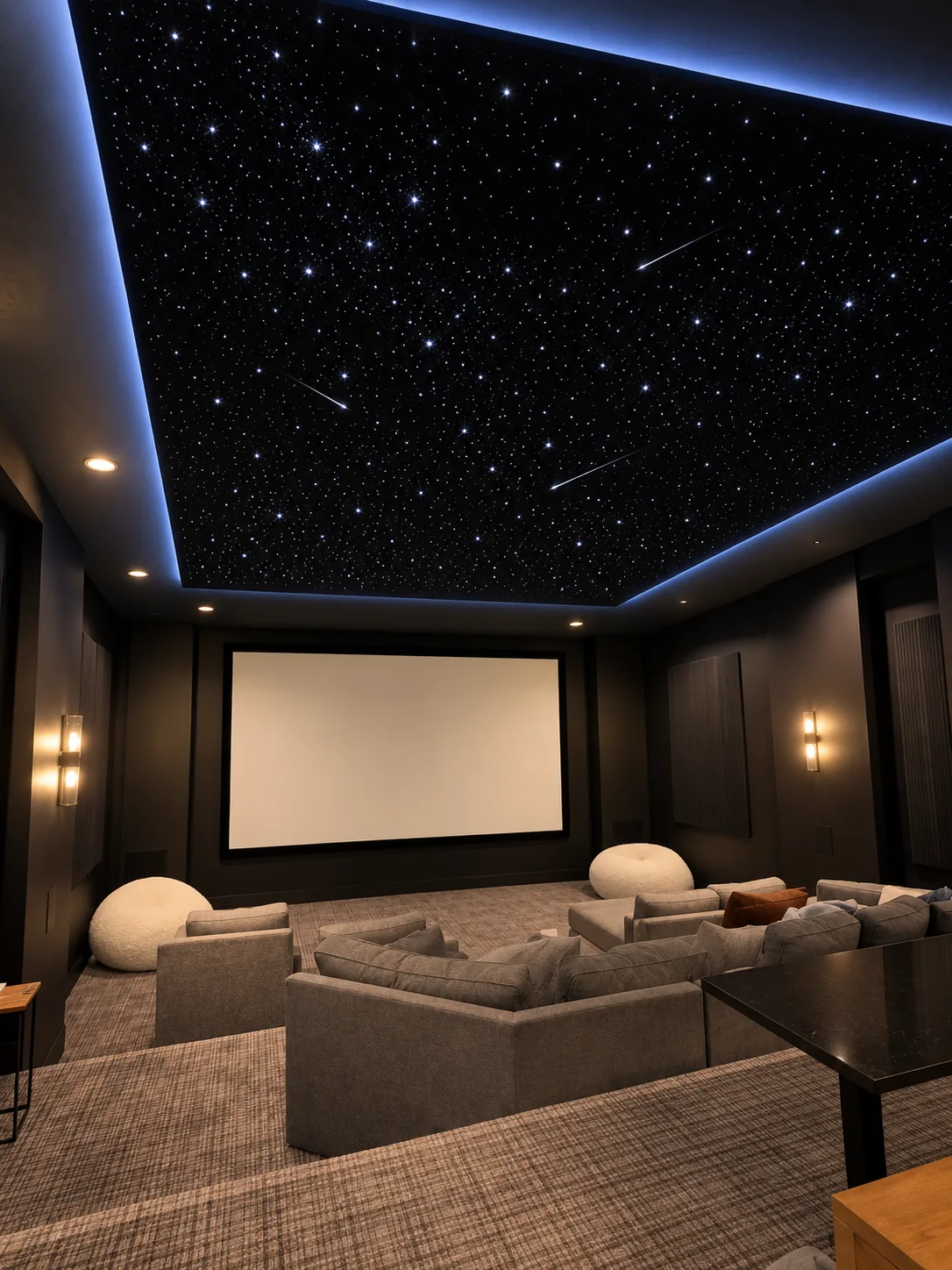 Home theater design visualization: a black suede starlight ceiling with a soft blue perimeter halo and shooting stars above a sectional facing a projection screen