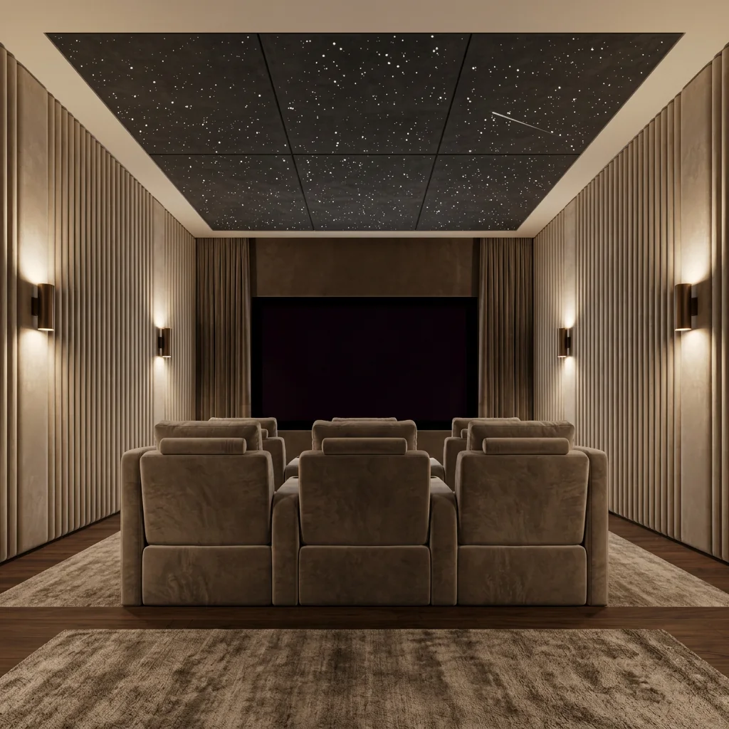 Room design visualization of the Large immersive layout: a home theater with fluted wall panels, warm sconces, taupe recliners and a wider star-panel field overhead