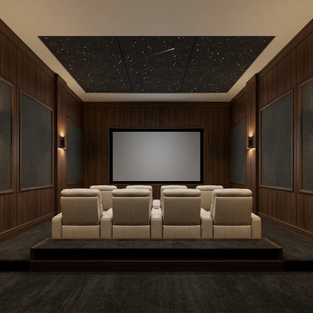 Room design visualization of the Large standard layout: a home theater with walnut paneling, ivory recliners on a riser and a recessed star-panel field overhead