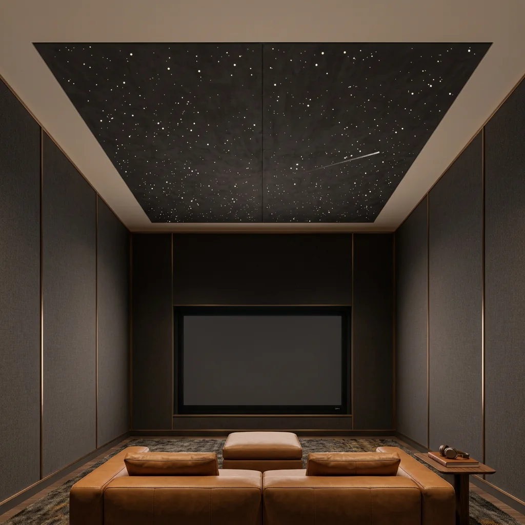 Room design visualization of the Regular immersive layout: a media room with charcoal walls, a cognac leather sofa and a larger star-panel field overhead