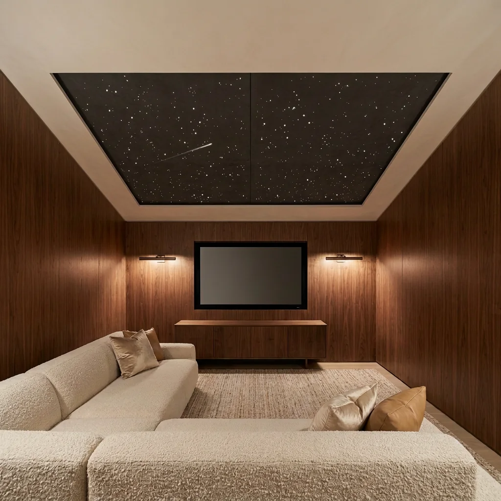 Room design visualization of the Regular standard layout: a media room with walnut walls, a cream sectional and a recessed star-panel field overhead