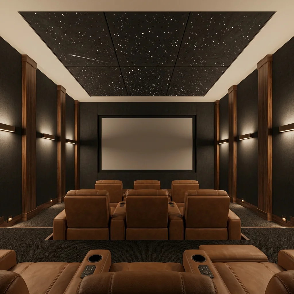 Room design visualization of the XL immersive layout: a theater with dark wood columns, cognac leather recliners and a broad star-panel field overhead