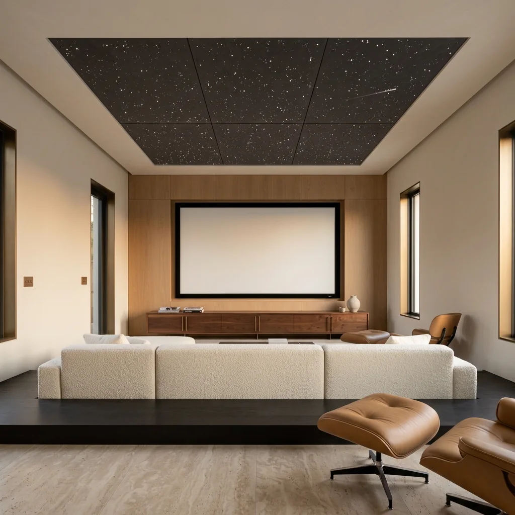 Room design visualization of the XL standard layout: an open media room with a white sectional, a lounge chair and a recessed star-panel field overhead