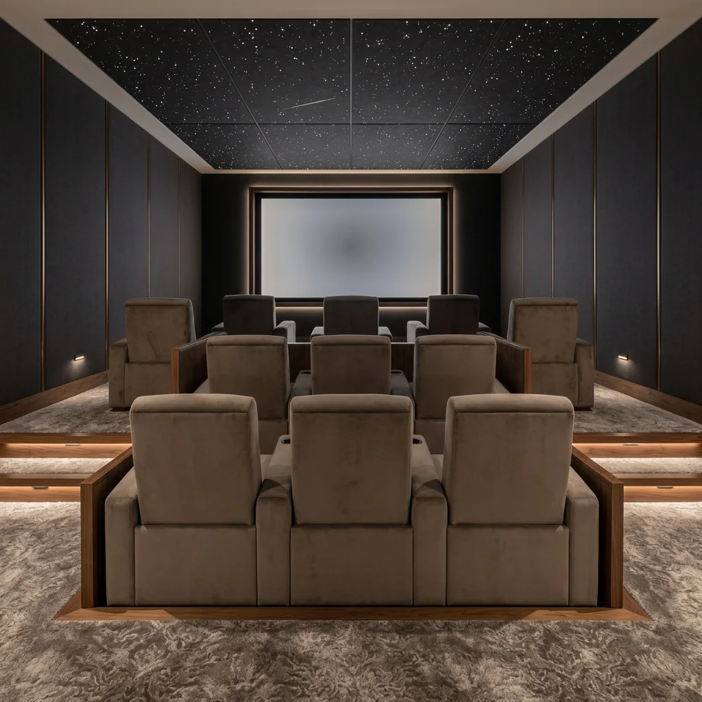 Room design visualization of the XXL immersive layout: a large theater with charcoal walls, tiered taupe recliners and a broad star-panel field overhead
