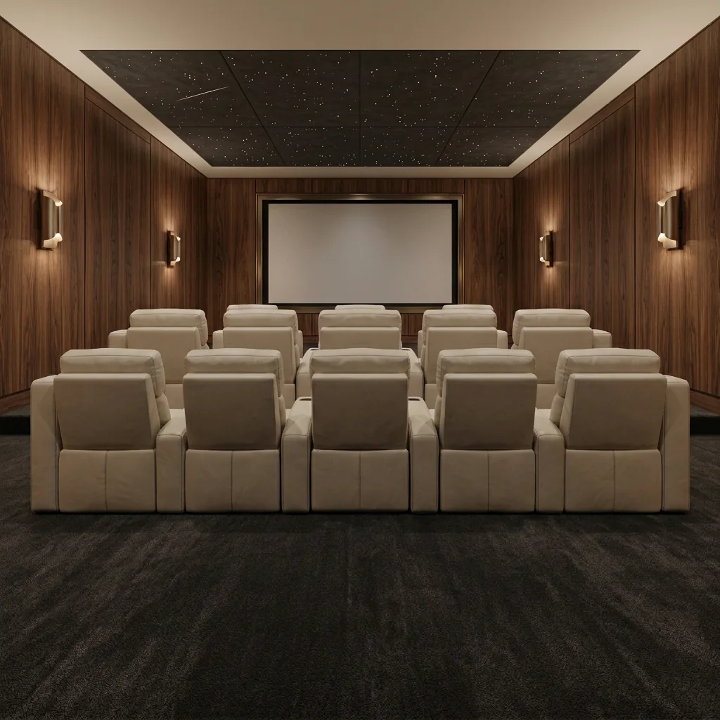 Room design visualization of the XXL standard layout: a large theater with walnut walls, three rows of ivory recliners and a recessed star-panel field overhead